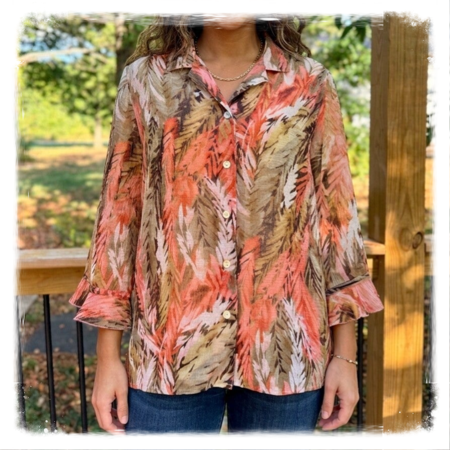 Alfred Dunner Sheer Feather Print Ruffle-Cuff Blouse – Size 12