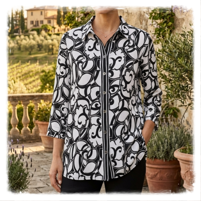 Allison Daley Women's Plissé Textured Button-Front Tunic - Black & White Abstract Floral (Size 18)