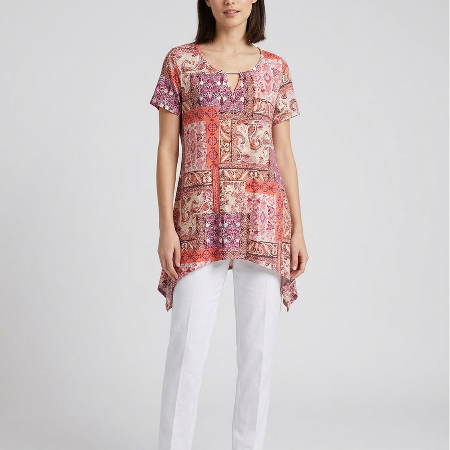 Cato Women’s Patchwork Paisley Sharkbite Tunic Blouse – Short Sleeve V-Neck