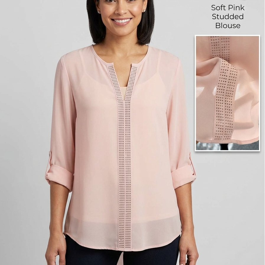 Maurices Women's Soft Pink Studded V-Neck Blouse with Roll-Tab Sleeves