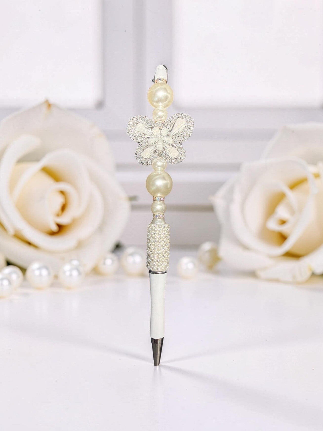 Tall Elegant Butterfly & Pearl Custom Beaded Pen – Clean White & Silver Bling