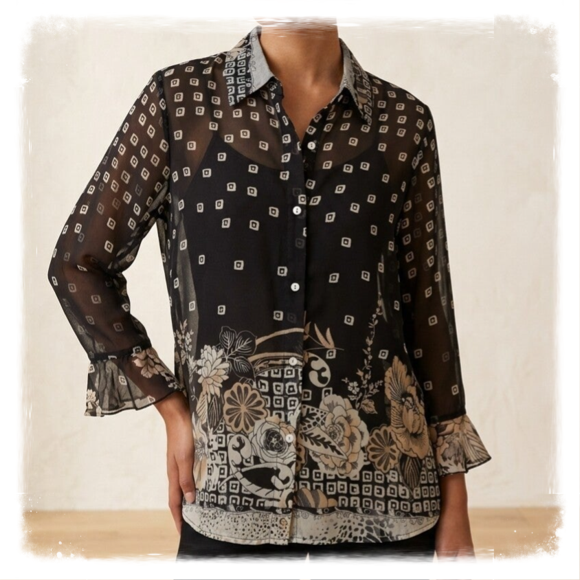 Vintage Boho Sheer Geometric & Floral Button-Up Blouse – Black & Gold