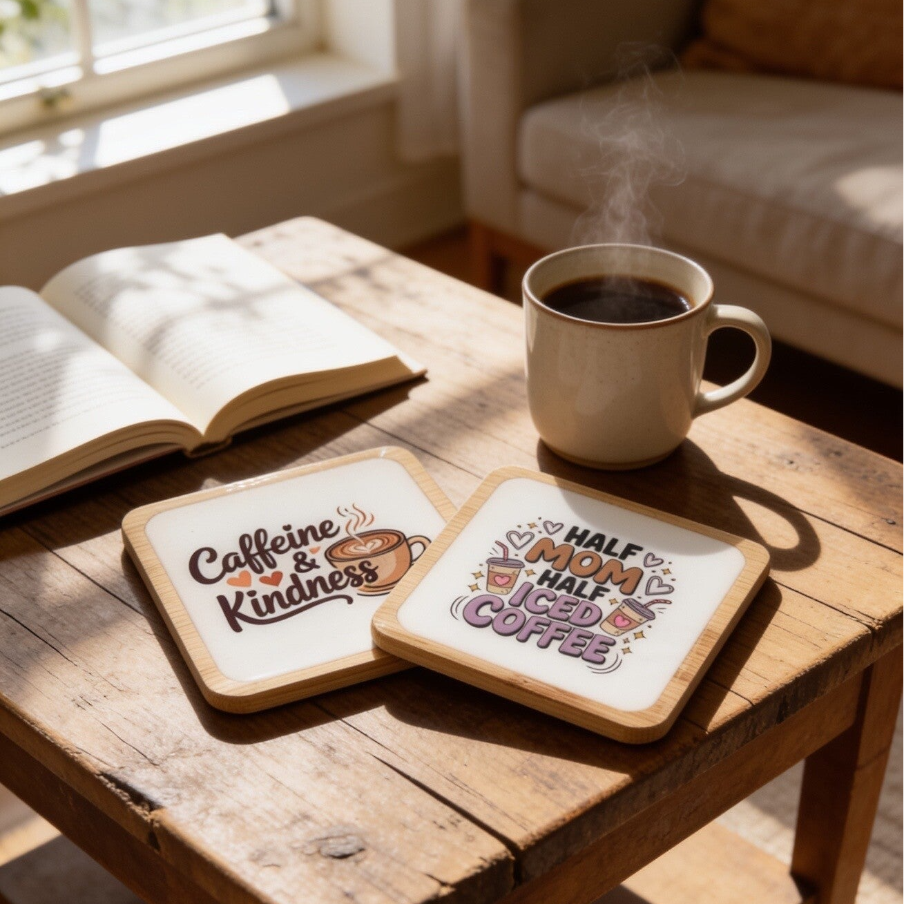 Set of 4 Handcrafted "Half Mom Half Iced Coffee" Bamboo Coasters