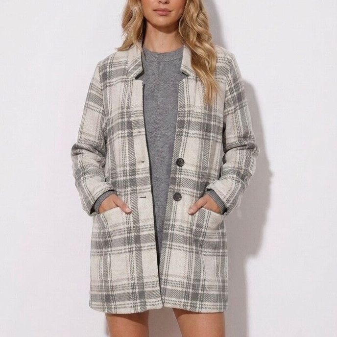 Maurices Gray Plaid Longline Button Cardigan Coat Jacket