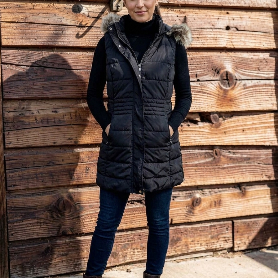 Maurices Black Longline Quilted Puffer Vest Removable Faux Fur Hood  ( Pre-Owned )
