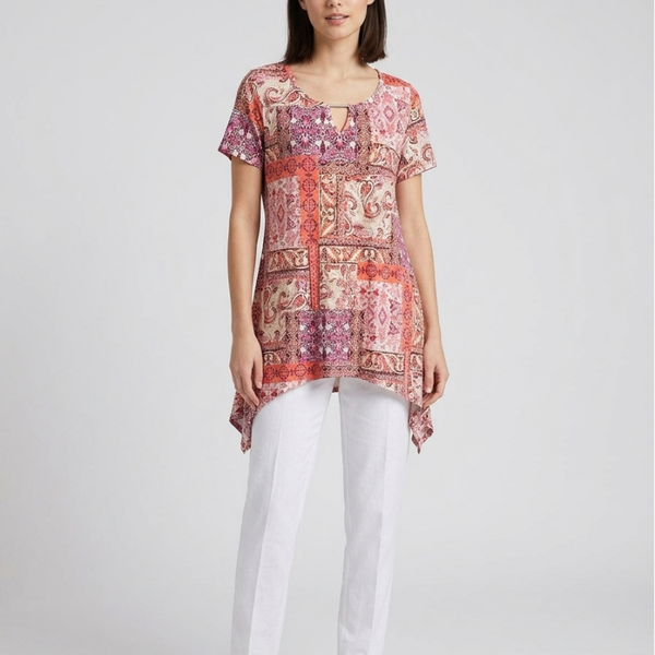 Cato Women’s Patchwork Paisley Sharkbite Tunic Blouse – Short Sleeve V-Neck