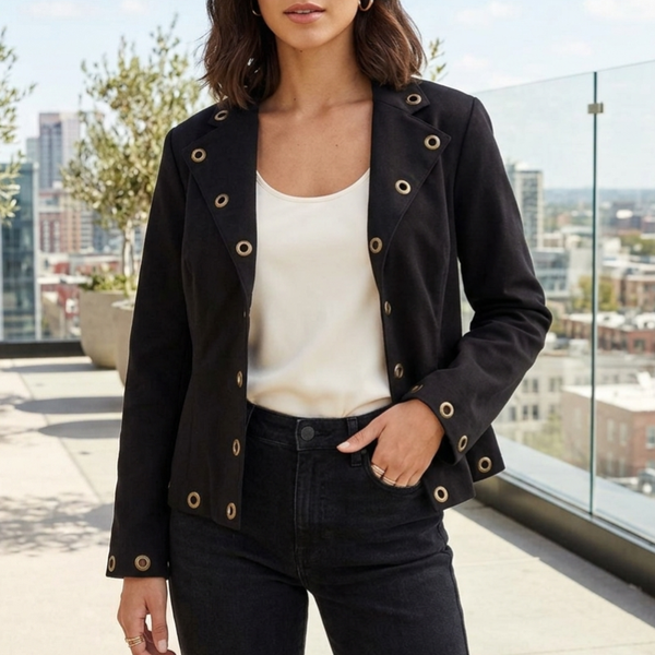 Multiples Women's Petite Large Faux Suede Grommet Accent Blazer Jacket - Solid Black - PL