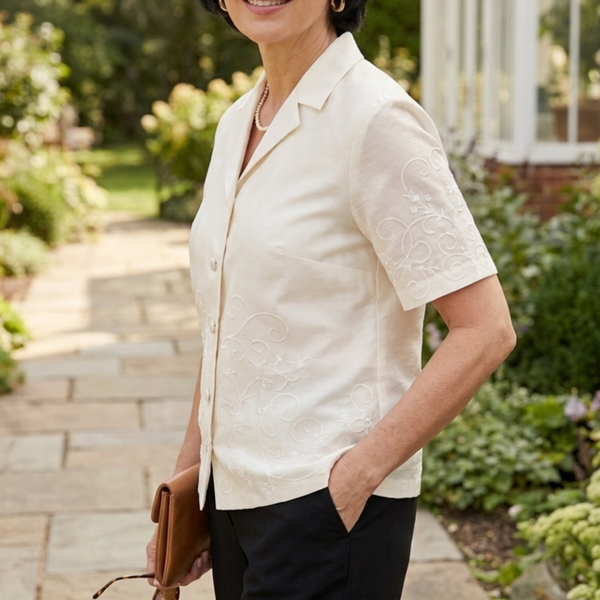 Plaza South Women's 100% Silk Beaded Embroidered Short Sleeve Jacket Blouse - Ivory Cream - 14WP