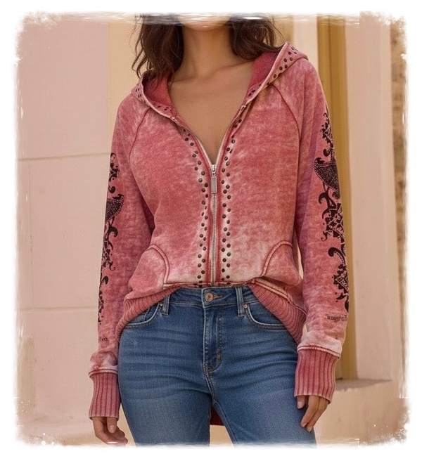 Cowgirl Tuff Western Distressed Coral Pink Hooded Sweatshirt