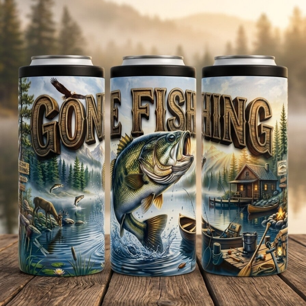 Gone Fishing Can Cooler – Large Mouth Bass 12oz Stainless Steel Insulated Koozie