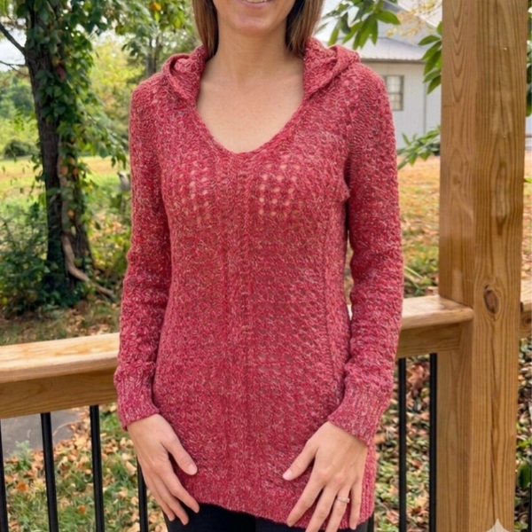Maurices Marled Open-Knit Hooded Sweater with Metallic Shimmer – Size Small