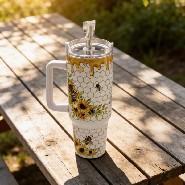 Honeybee Sunflower 40oz Tumbler with Handle | Honeycomb Drip Travel Mug with Metal Straw & Dual Lid