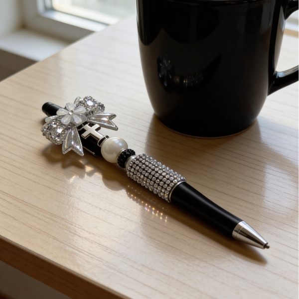 Elegant Cross & Floral Bow Pen – Black & Silver Rhinestone Bling