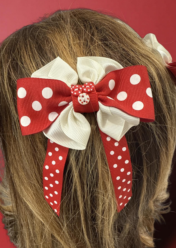 Charming Red & White Polka Dot Silk Hair Bow (Set of 2) with Gold Clips
