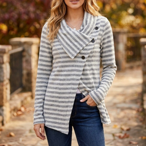 Maurices Women Jacket M Medium Gray White Stripe Asymmetric Cowl Neck Button Wrap