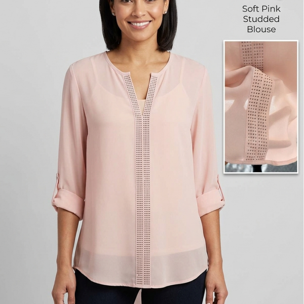 Maurices Women's Soft Pink Studded V-Neck Blouse with Roll-Tab Sleeves