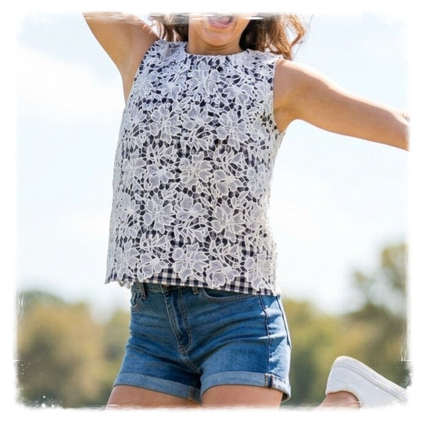 Floral Lace Overlay Gingham Sleeveless Tank Top