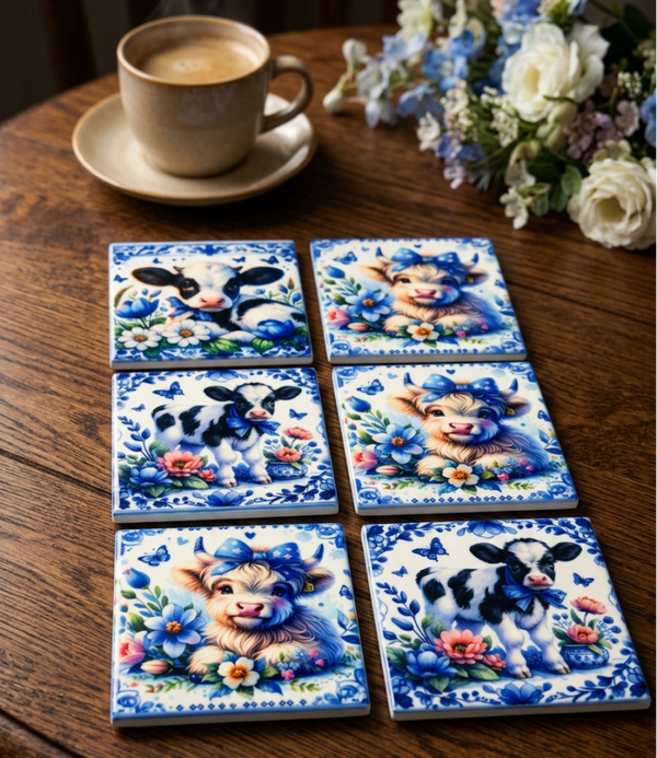 Delft Blue Cow Coasters Set of 6 Ceramic Tile Cork Backing With Stand