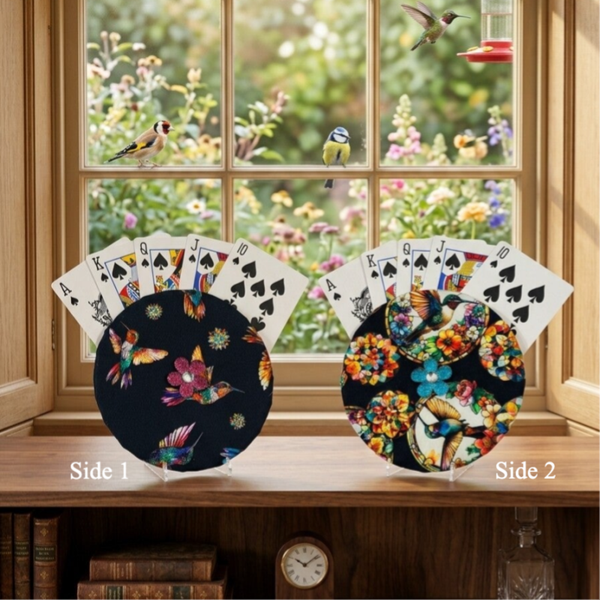 Stained Glass Hummingbird Hands-Free Playing Card Holder – Reversible
