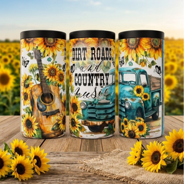 Custom 12oz Stainless Steel Can Cooler – Dirt Roads & Country Music Sunflower Design