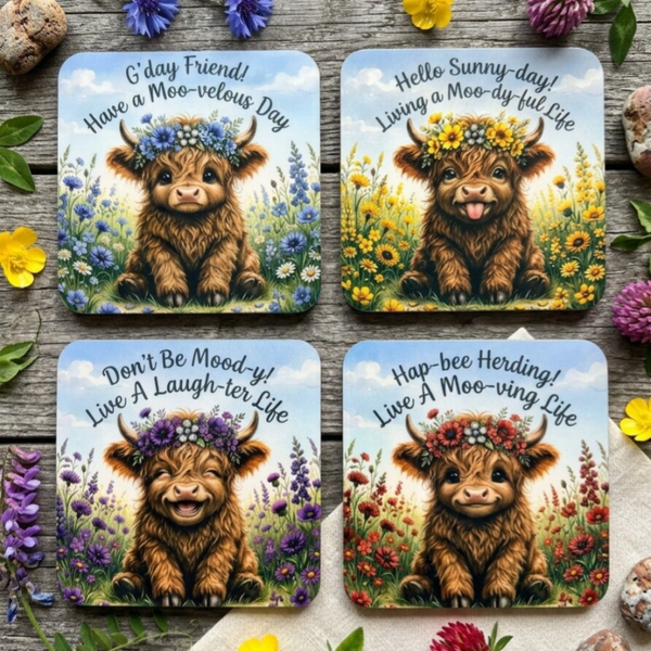 Punny Floral Highland Cow Coaster Set – 4-Pack Custom MDF with Non-Slip Cork Backing