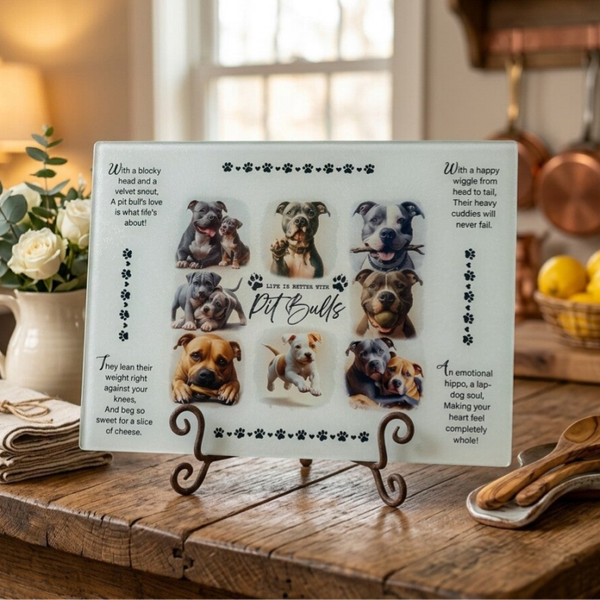 "Life Is Better With Pit Bulls" 11x15 Glass Cutting Board & Display Set