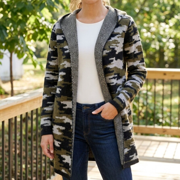 By Design Camouflage Hooded Open-Front Longline Cardigan Sweater – Size Small