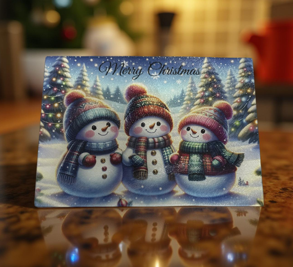 Merry Christmas says 3 Little Snowmen Glass cutting Board