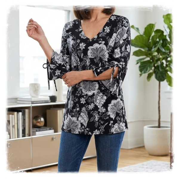 Bleecker & McDougal Black & White Floral Tie-Sleeve Top