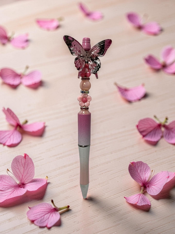 Handcrafted Pink Flower Butterfly Beaded Pen – Ombre Mauve & Rose Quartz Design