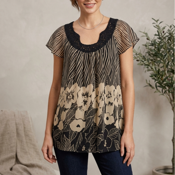 Russell Kemp Collection Black & Cream Chiffon Tunic Blouse