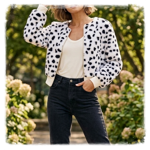 Dalmatian Spotted Faux Fur Zip-Up Bomber Jacket