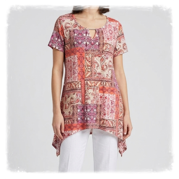 Cato Women’s Patchwork Paisley Sharkbite Tunic Blouse – Short Sleeve V-Neck