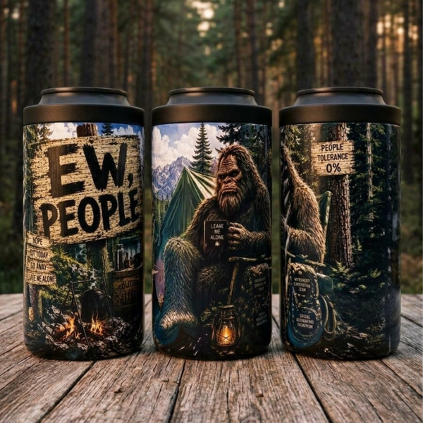 Bigfoot Camping Can Holder – Leave Me Alone Rustic Forest Insulated Drink Cooler