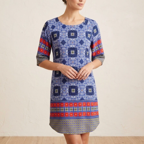 Adrienne Boho Geometric Tile Print Shift Dress – Blue, Red & Green