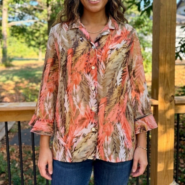 Alfred Dunner Sheer Feather Print Ruffle-Cuff Blouse – Size 12