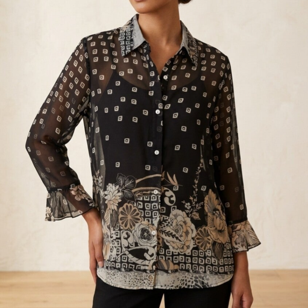 Vintage Boho Sheer Geometric & Floral Button-Up Blouse – Black & Gold