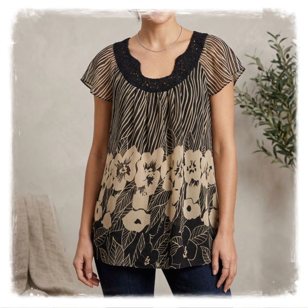 Russell Kemp Collection Black & Cream Chiffon Tunic Blouse