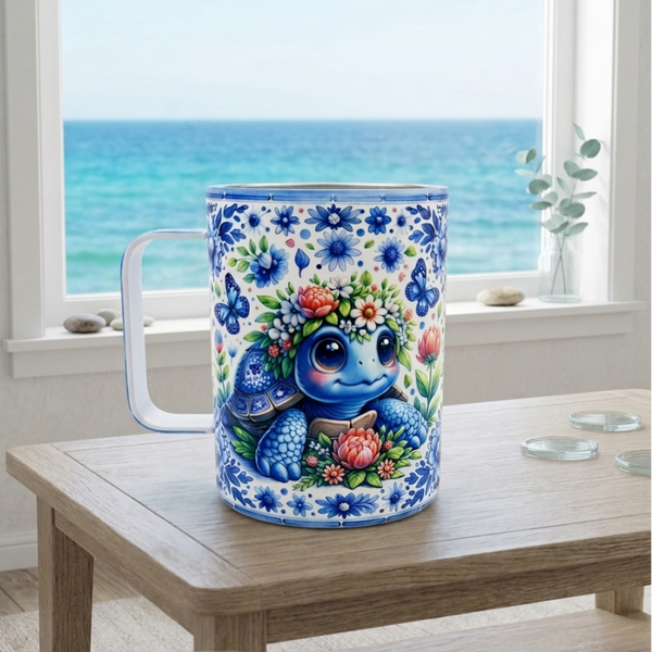 Cute Blue Turtle 12oz Stainless Steel Coffee Mug Tumbler with Handle, Lid and Straw