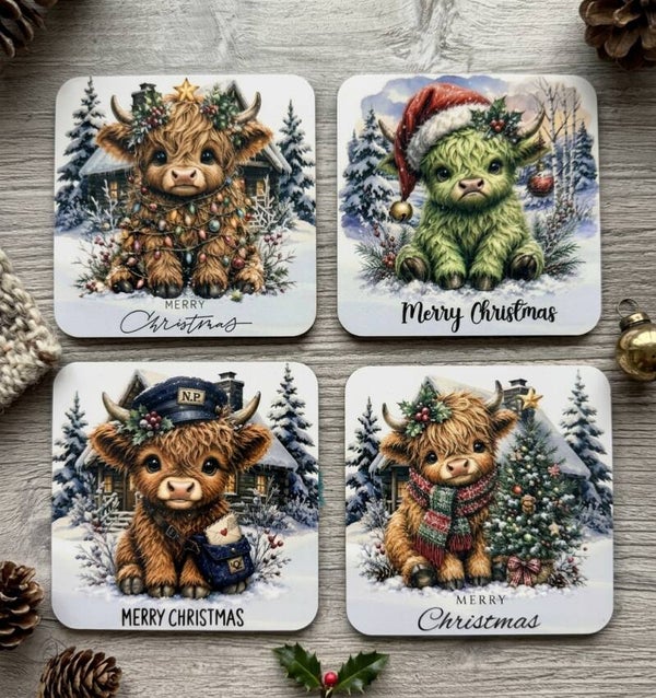 Rustic Christmas Highland Cow Coaster Set – 4-Pack Custom MDF with Premium Cork Backing