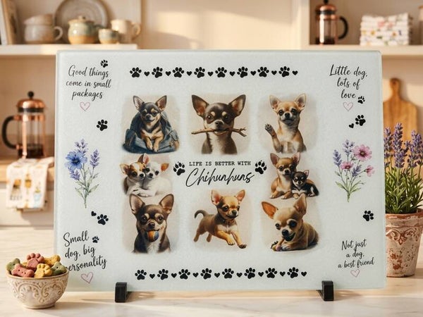 Chihuahua Collage 11" x 15" Glass Cutting Board & Display Set