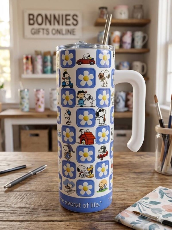 Handcrafted Peanuts Snoopy 20oz Tumbler with Handle, Rubber Bottom & Metal Straw