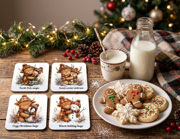 Handcrafted Winter Whimsy 4x4 MDF Coasters with Cork Backing – Set of 4