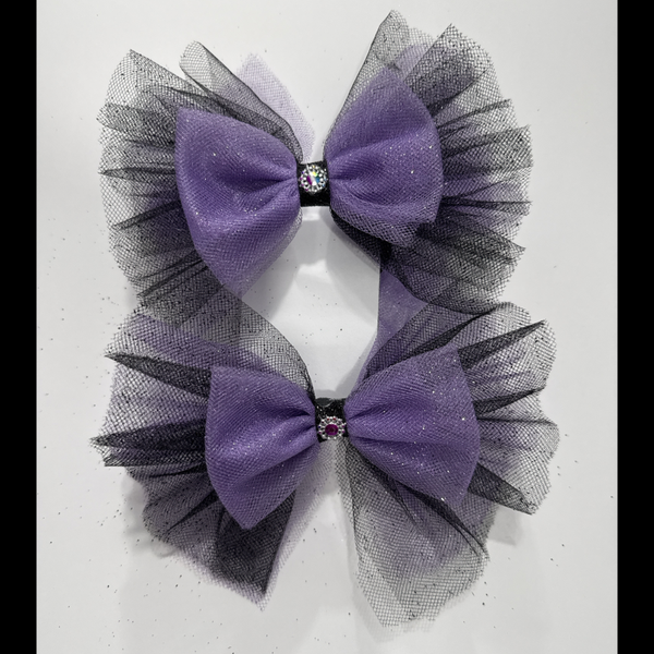 Purple & Black Tulle Hair Bow Set – Handmade with Blank Bands (Set of 2)