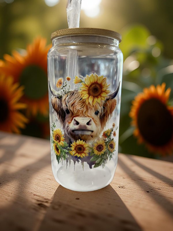Highland Cow & Sunflower 16oz Glass Tumbler with Bamboo Lid