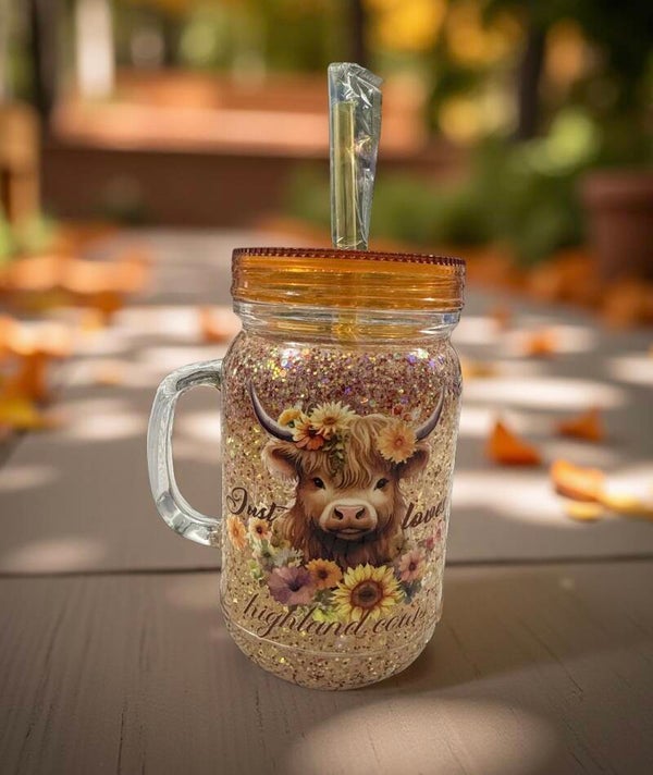 Snow Globe Mason Jar Tumber - Highland Cow