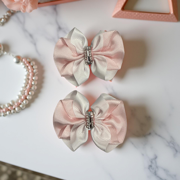 Handmade Pink & White Hair Bow Set with Sparkling Jewel Accents – Set of 2