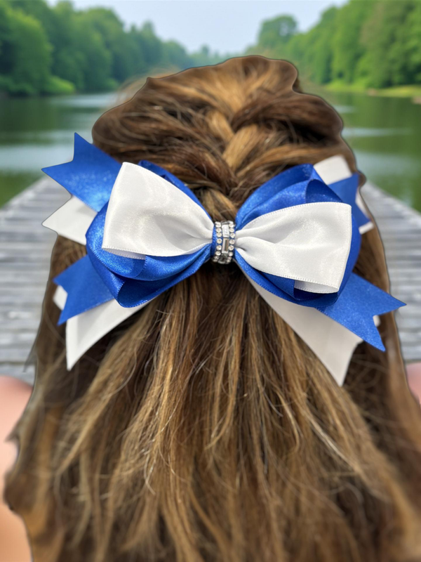 Elegant Royal Blue & White Handmade Silk Hair Bow with Rhinestone Accent