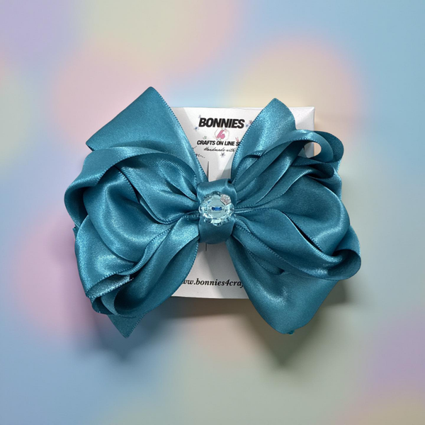 Handcrafted Silky Teal Hair Bow with Rhinestone Accent & Secure Snap Clip