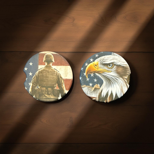 Patriotic Soldier & Eagle Car Coasters – Handcrafted Sublimated Set of 2